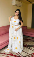Lorenvalley Fashion White Organza with Hand-painted Floral Design Lehenga Choli with Dupatta | Grocsy