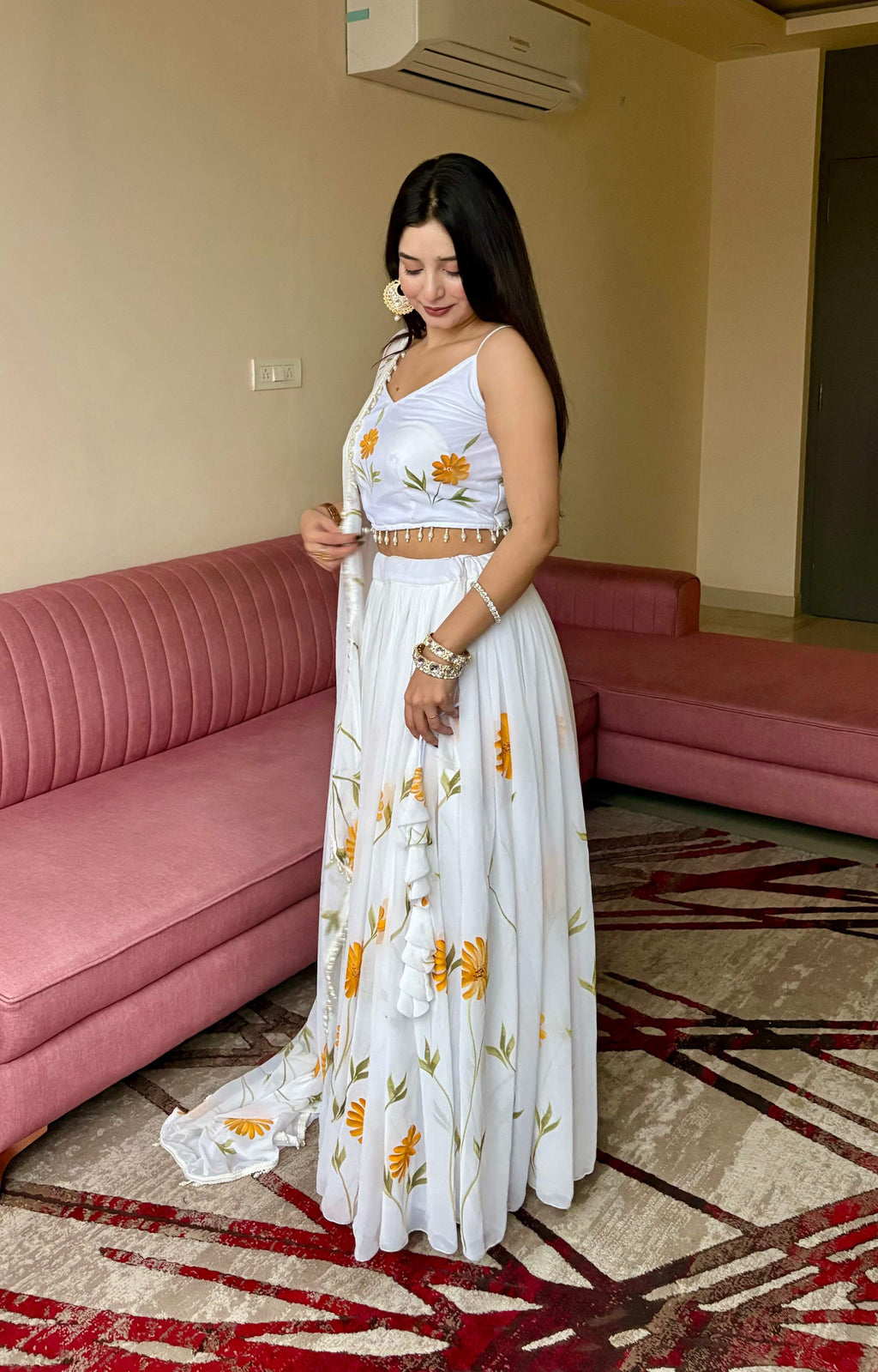 Lorenvalley Fashion White Organza with Hand-painted Floral Design Lehenga Choli with Dupatta | Grocsy