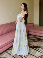 Lorenvalley Fashion White Organza with Hand-painted Floral Design Lehenga Choli with Dupatta | Grocsy