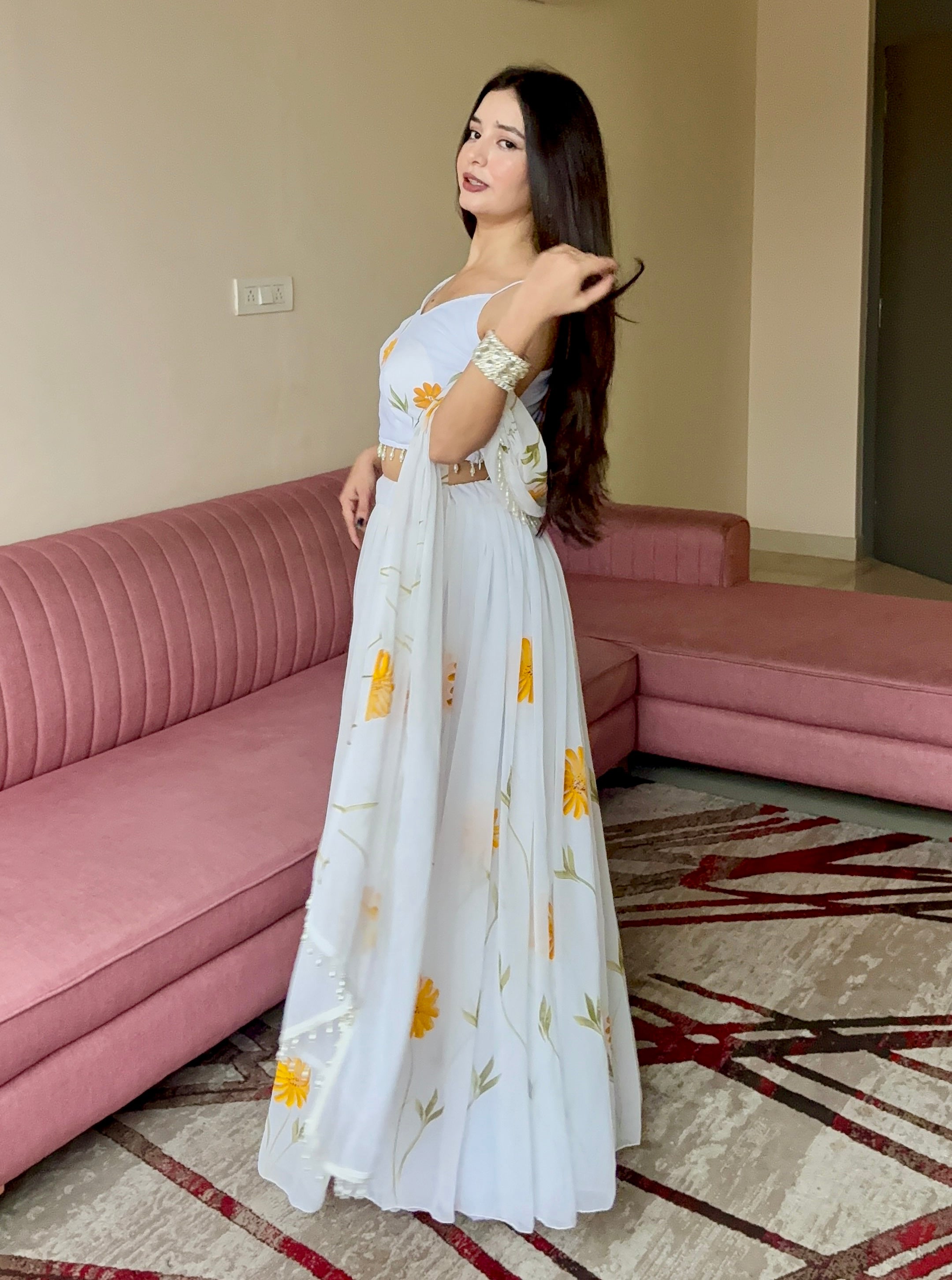 Lorenvalley Fashion White Organza with Hand-painted Floral Design Lehenga Choli with Dupatta | Grocsy