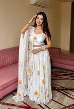 Lorenvalley Fashion White Organza with Hand-painted Floral Design Lehenga Choli with Dupatta | Grocsy