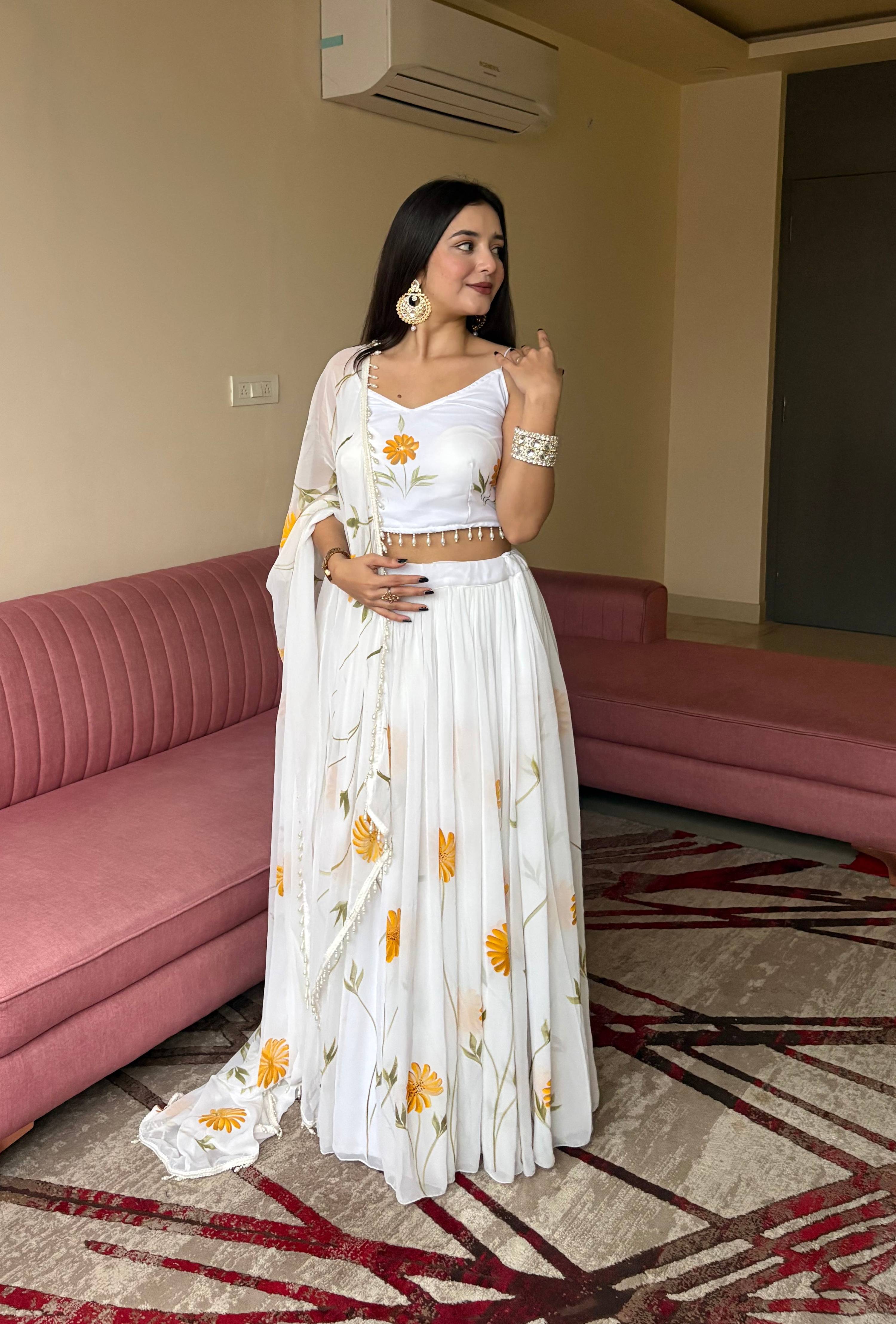 Lorenvalley Fashion White Organza with Hand-painted Floral Design Lehenga Choli with Dupatta | Grocsy