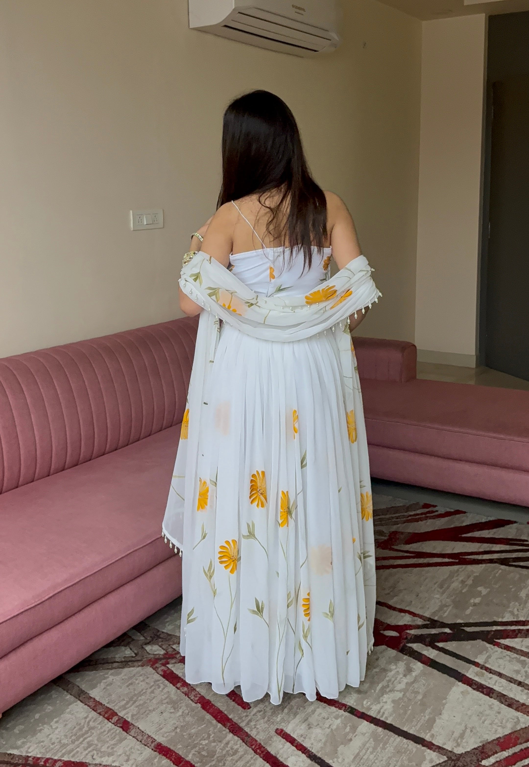 Lorenvalley Fashion White Organza with Hand-painted Floral Design Lehenga Choli with Dupatta | Grocsy