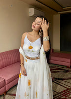 Lorenvalley Fashion White Organza with Hand-painted Floral Design Lehenga Choli with Dupatta | Grocsy