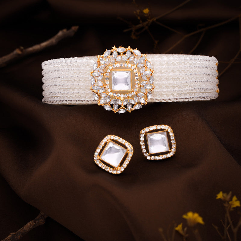 Tehzeeb Creations Brass Gold-Polished Gold, White, White Jewel Set   | Grocsy