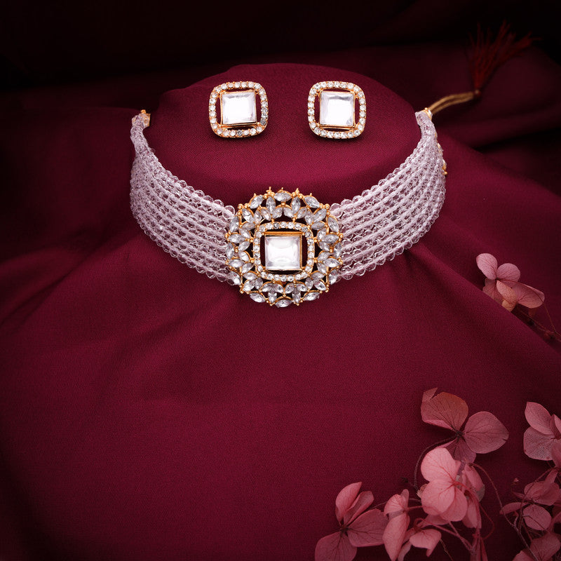 Tehzeeb Creations Brass Gold-Polished Gold, White, White Jewel Set   | Grocsy