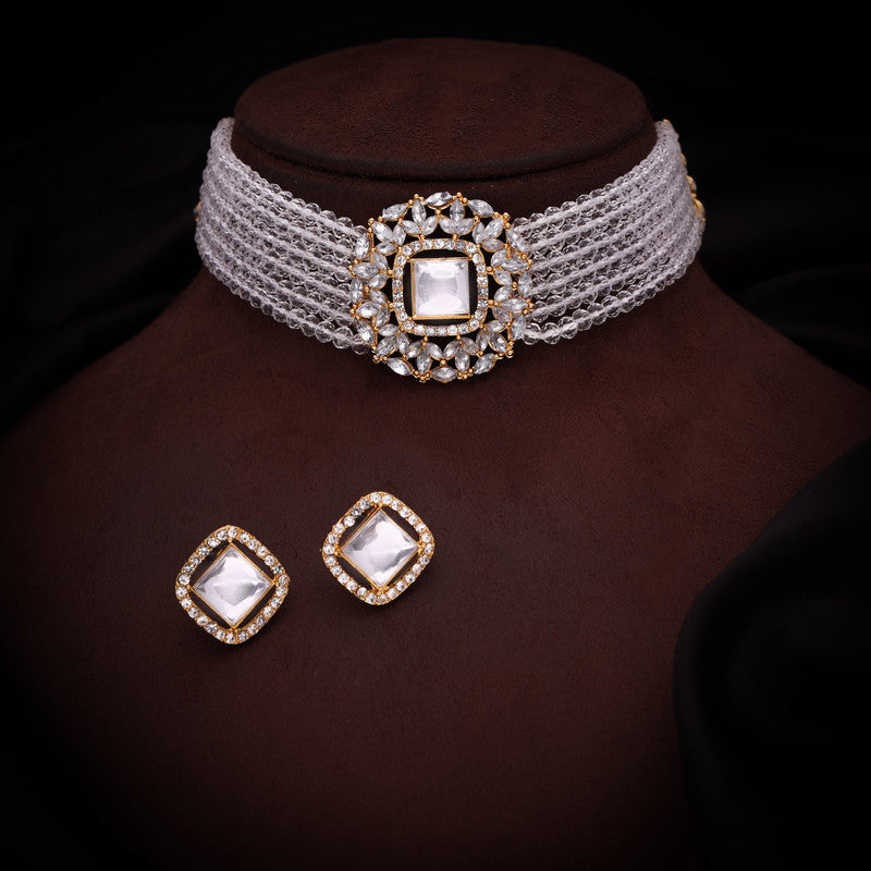 Tehzeeb Creations Brass Gold-Polished Gold, White, White Jewel Set   | Grocsy