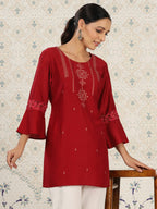 Red Chinon Embroidered Straight Top - Zeny | Grocsy