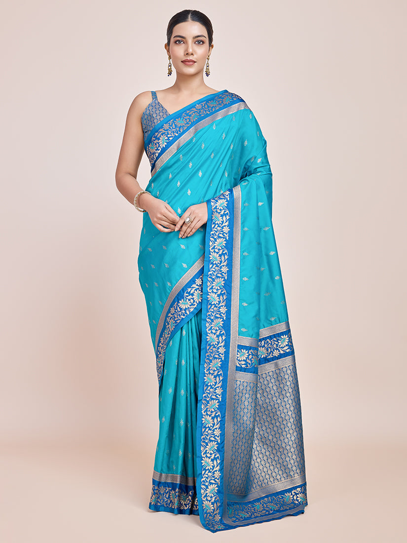 Monjolika Fashion Sky Blue Banarasi Silk In Satin Is Classy Embellished With Golden Zari Work Saree | Grocsy