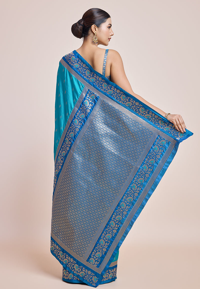 Monjolika Fashion Sky Blue Banarasi Silk In Satin Is Classy Embellished With Golden Zari Work Saree | Grocsy