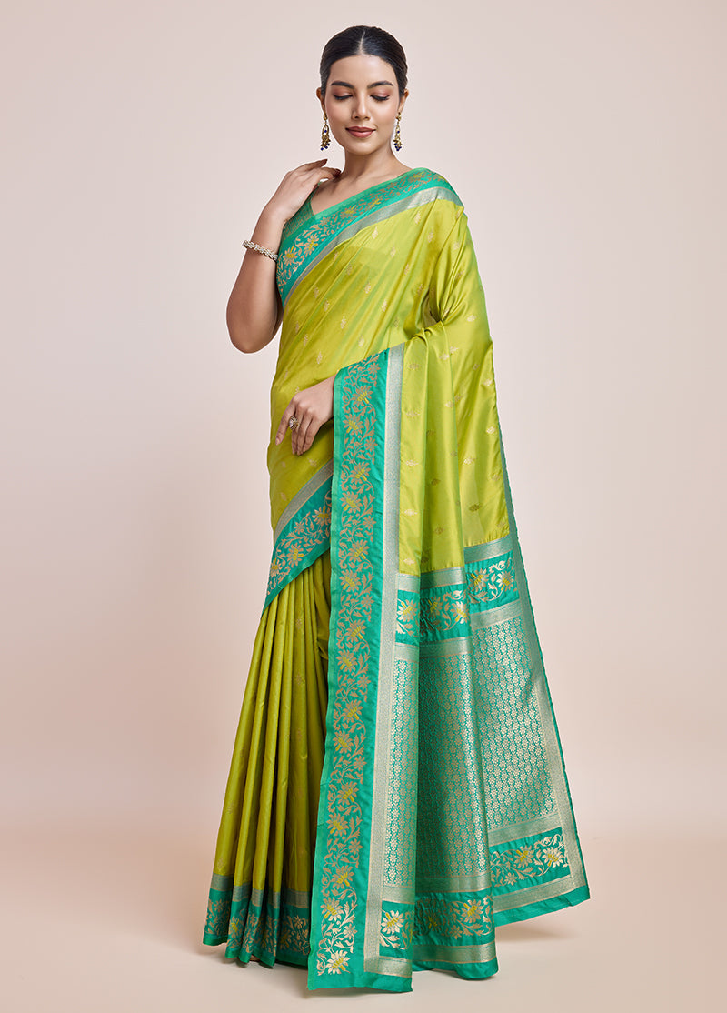 Monjolika Fashion Parrot Green Banarasi Silk In Satin Is Classy Embellished With Golden Zari Work Saree | Grocsy