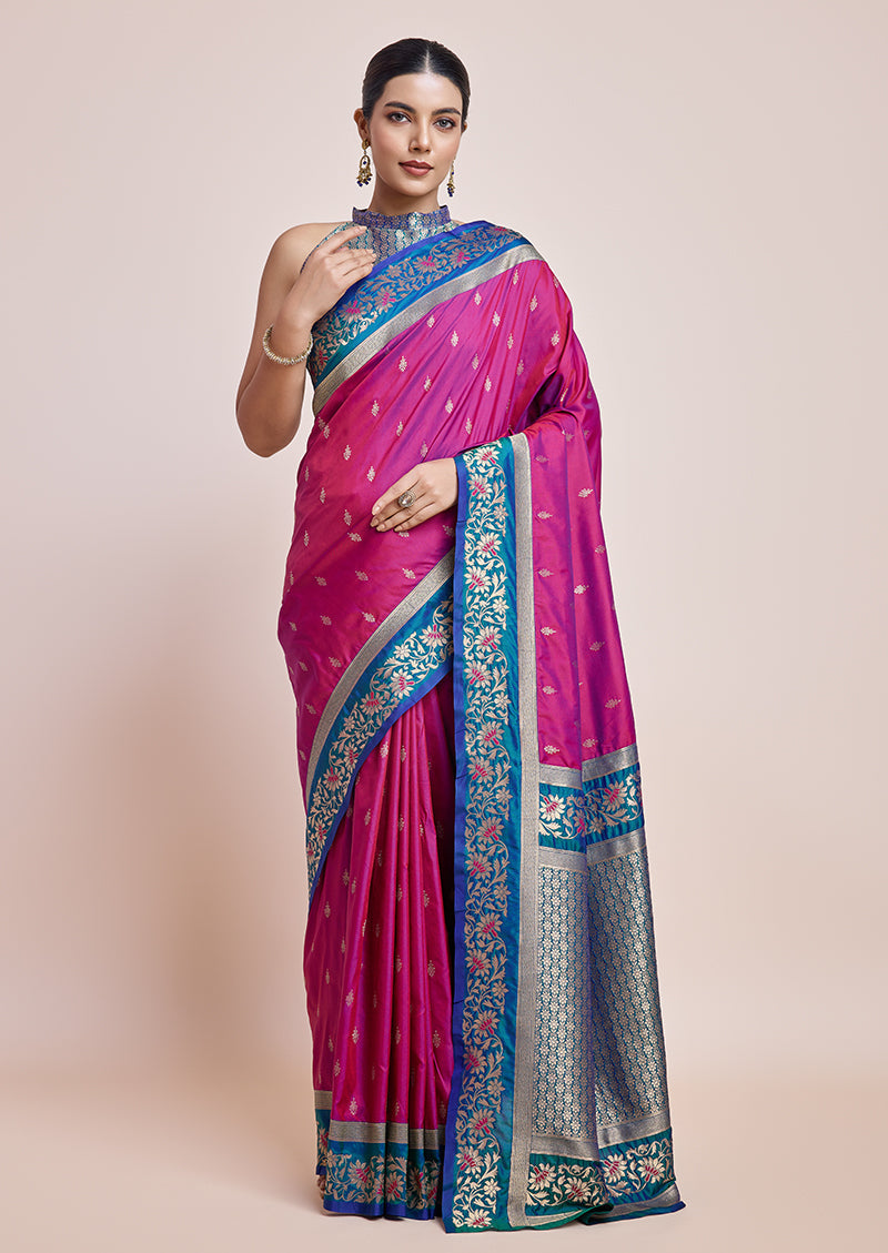 Monjolika Fashion Magenta Banarasi Silk In Satin Is Classy Embellished With Golden Zari Work Saree | Grocsy