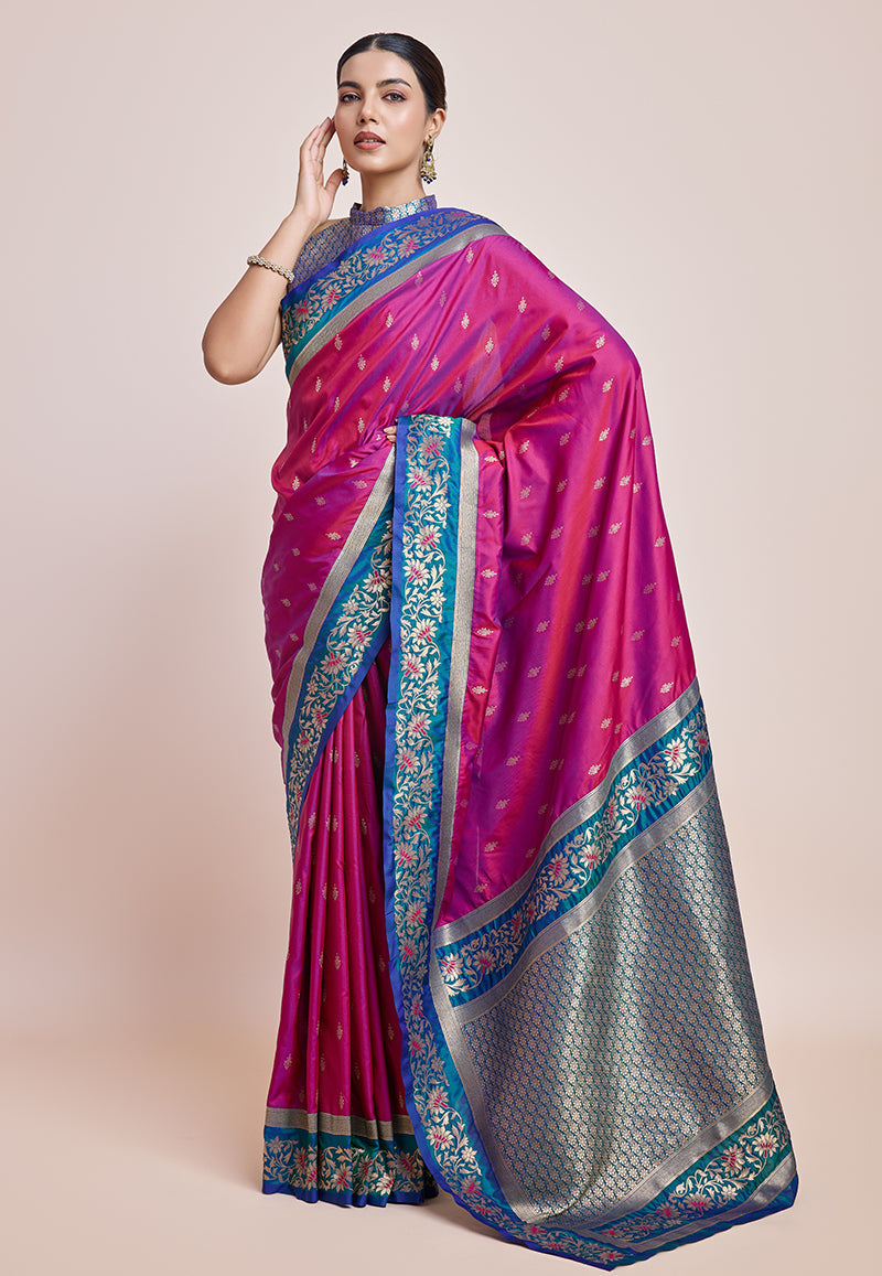 Monjolika Fashion Magenta Banarasi Silk In Satin Is Classy Embellished With Golden Zari Work Saree | Grocsy