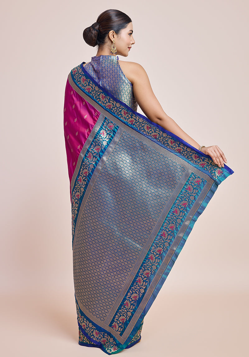 Monjolika Fashion Magenta Banarasi Silk In Satin Is Classy Embellished With Golden Zari Work Saree | Grocsy