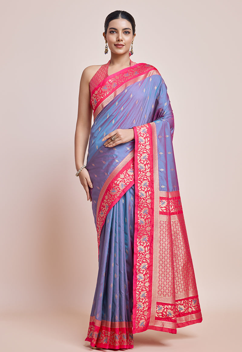 Monjolika Fashion Violet Banarasi Silk In Satin Is Classy Embellished With Golden Zari Work Saree | Grocsy