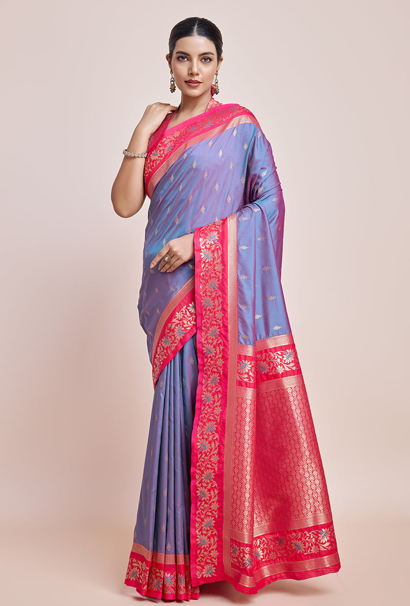 Monjolika Fashion Violet Banarasi Silk In Satin Is Classy Embellished With Golden Zari Work Saree | Grocsy