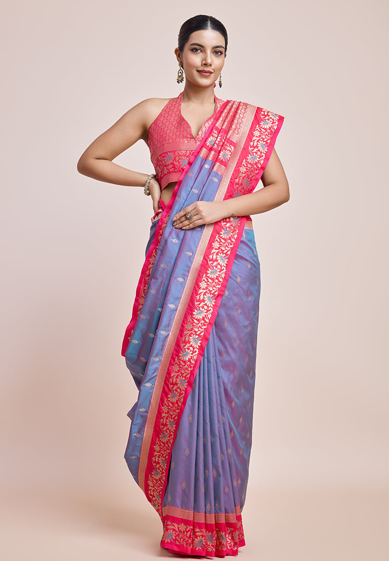 Monjolika Fashion Violet Banarasi Silk In Satin Is Classy Embellished With Golden Zari Work Saree | Grocsy