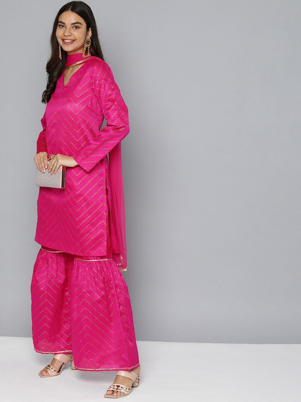 HERE&NOW Women Pink Ethnic Motifs Printed Gotta Patti Kurta with Sharara With Dupatta | Grocsy