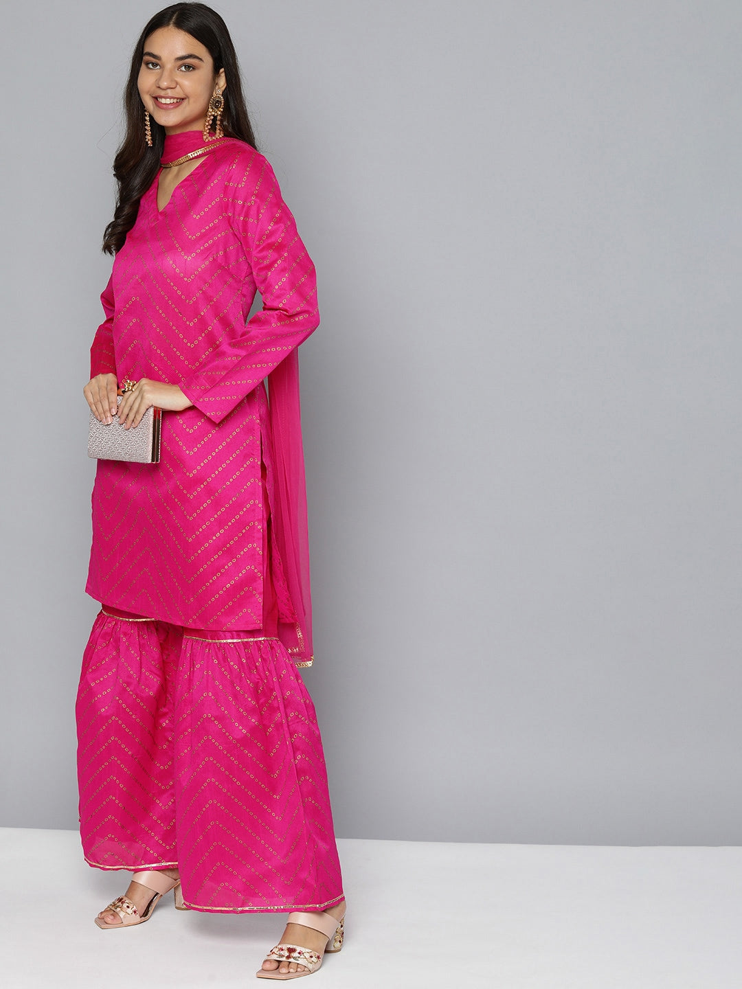 HERE&NOW Women Pink Ethnic Motifs Printed Gotta Patti Kurta with Sharara With Dupatta | Grocsy