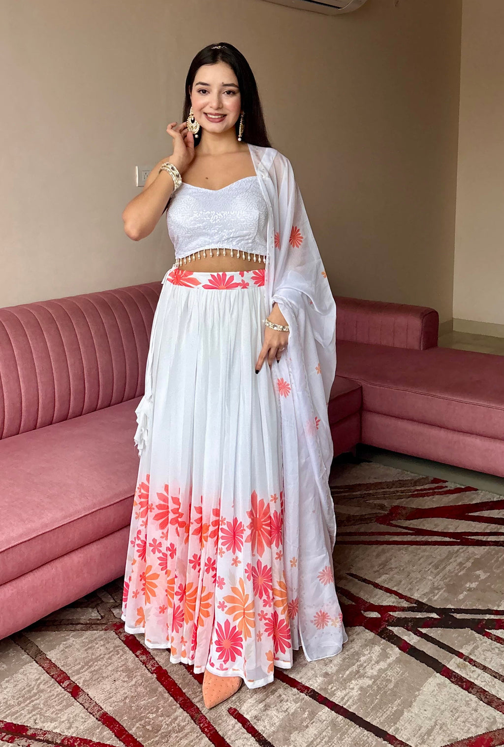 Lorenvalley Fashion White Georgette with Floral Print Design Lehenga Choli with Dupatta | Grocsy