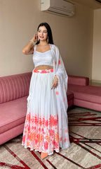 Lorenvalley Fashion White Georgette with Floral Print Design Lehenga Choli with Dupatta | Grocsy