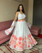 Lorenvalley Fashion White Georgette with Floral Print Design Lehenga Choli with Dupatta | Grocsy