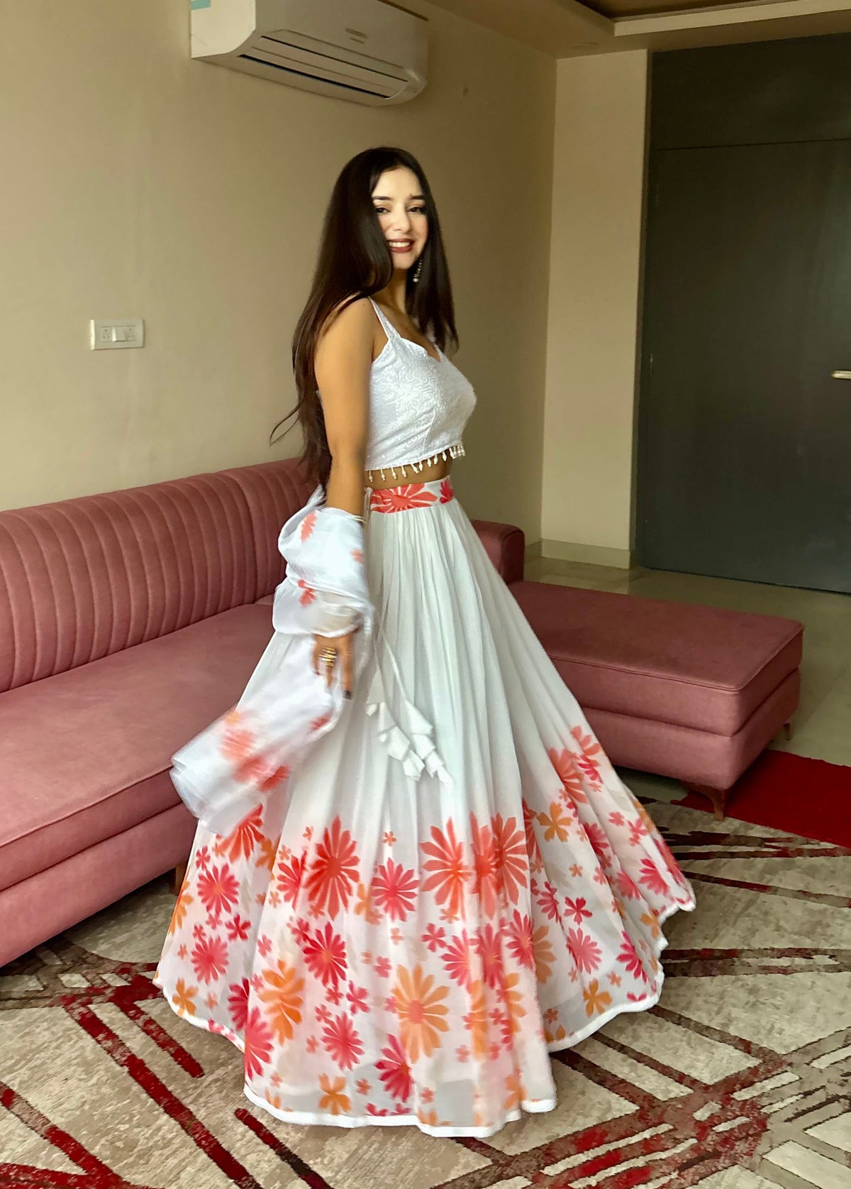 Lorenvalley Fashion White Georgette with Floral Print Design Lehenga Choli with Dupatta | Grocsy