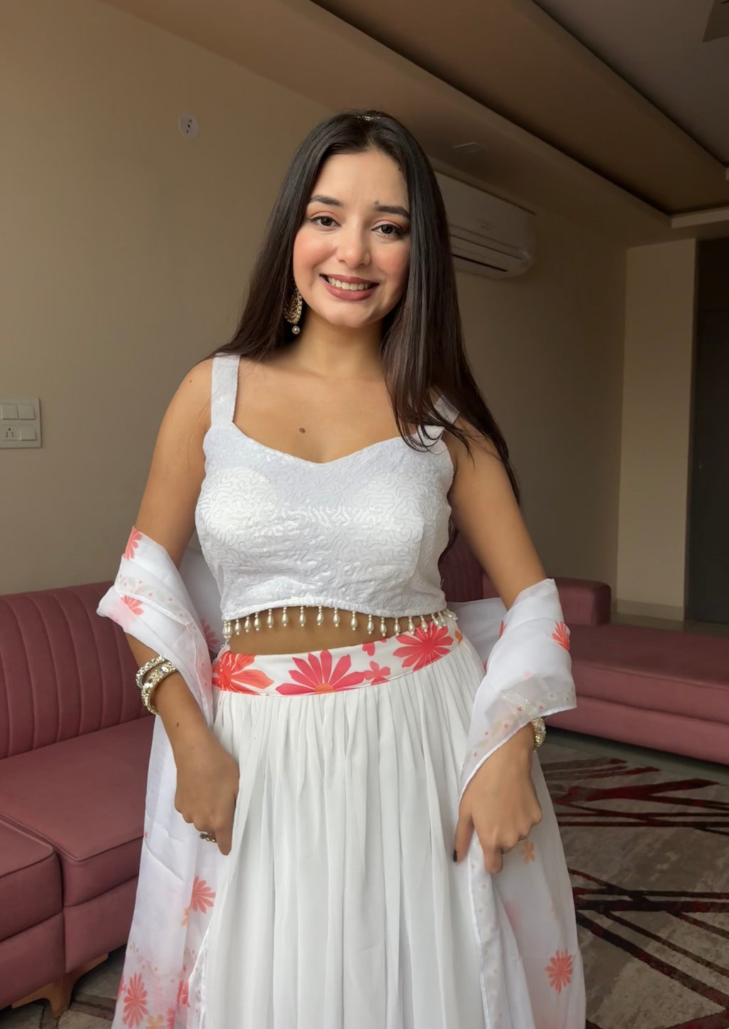 Lorenvalley Fashion White Georgette with Floral Print Design Lehenga Choli with Dupatta | Grocsy