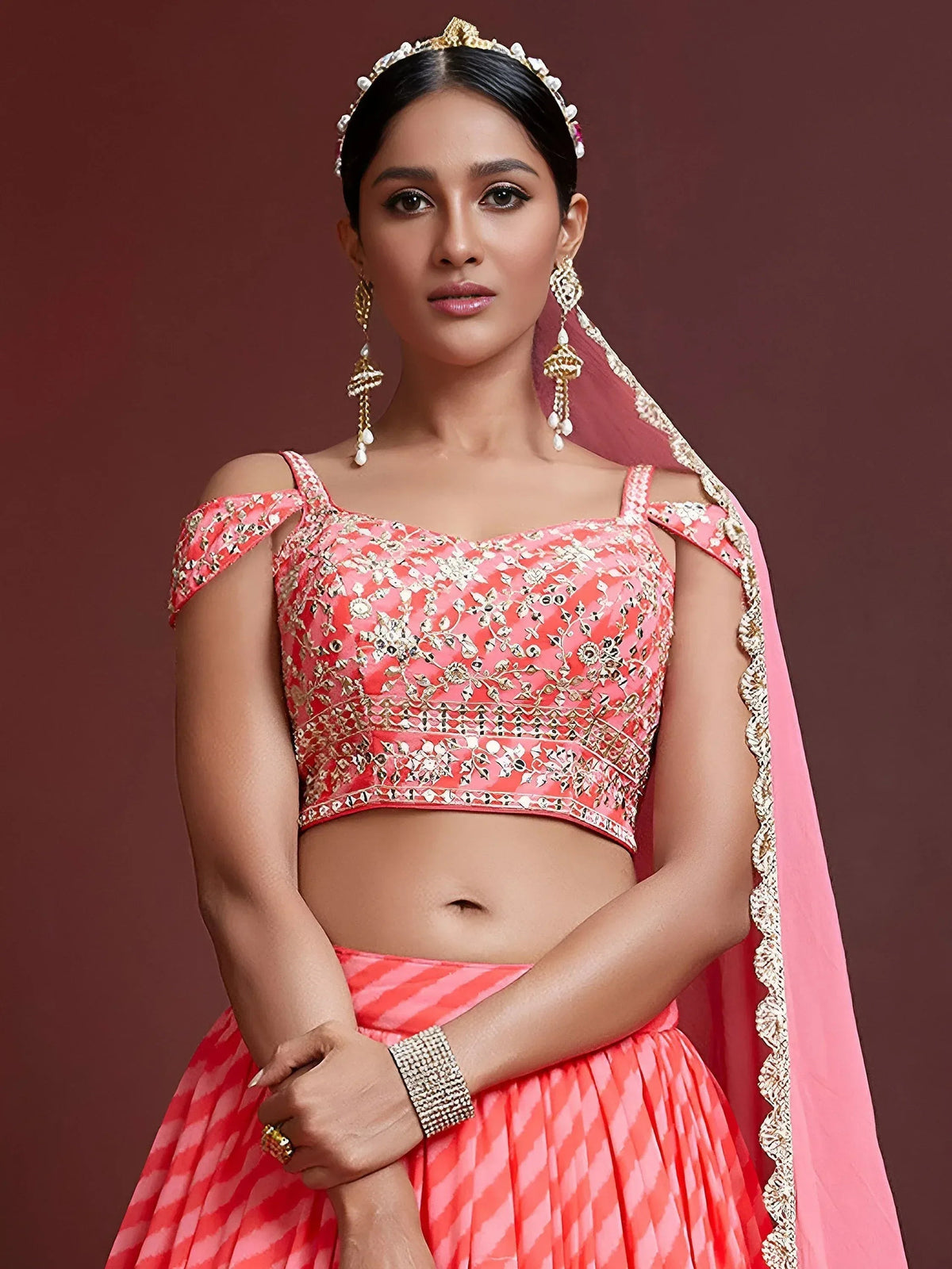 Tulsi Art Adorable Pink Sequins Embroidered Organza Bridesmaid Lehenga Choli | Grocsy
