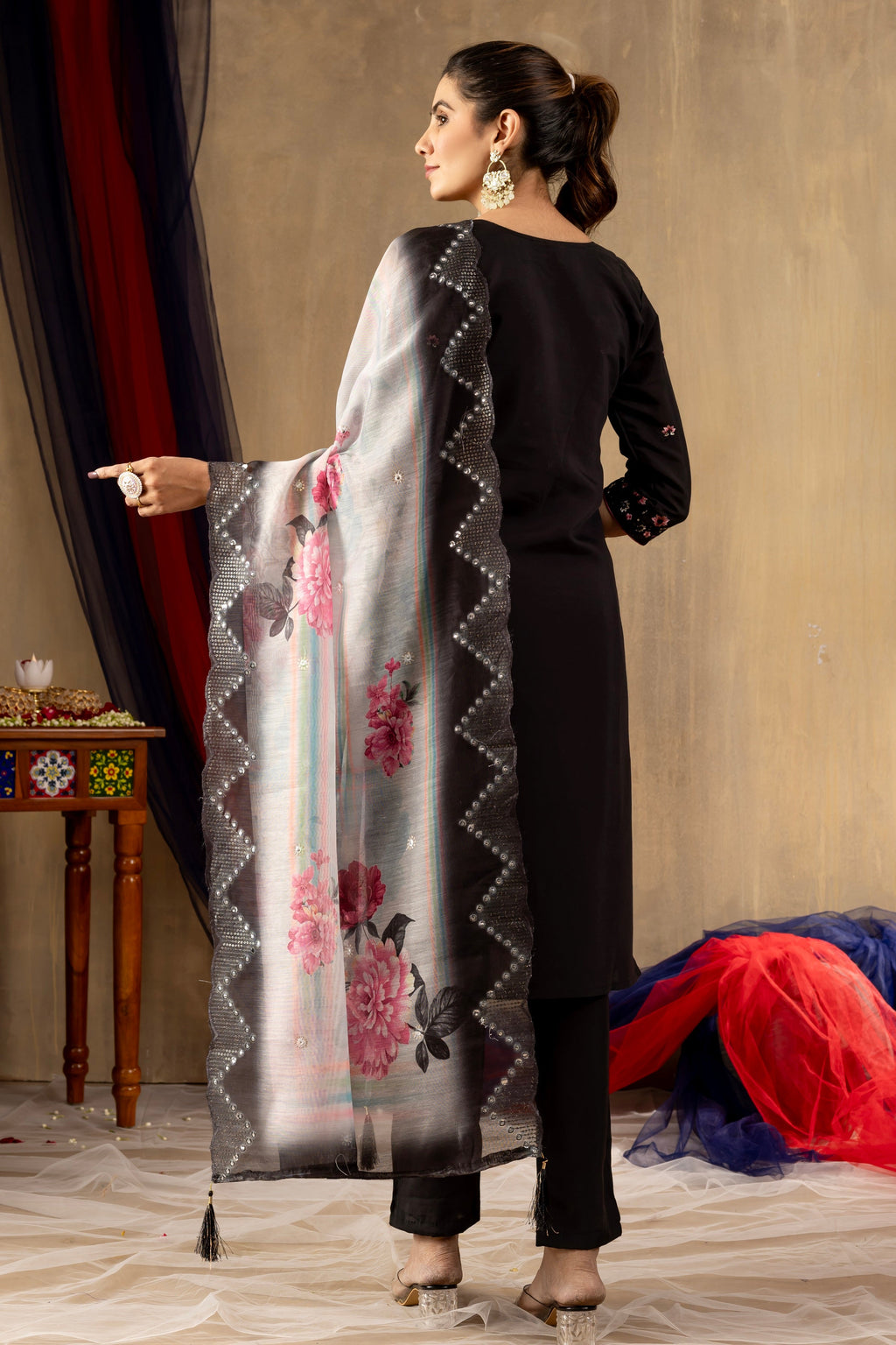 Vedant Vastram Roman Silk Embroidery & Sequence Work Stitched Kurta Pant Dupatta Set-Black | Grocsy