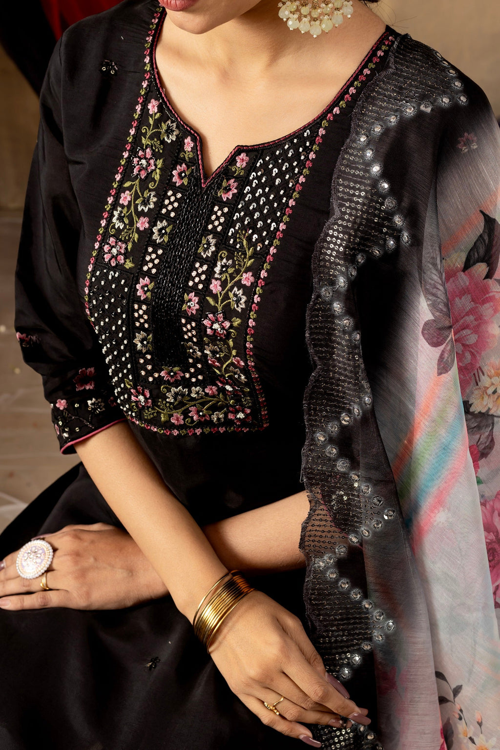 Vedant Vastram Roman Silk Embroidery & Sequence Work Stitched Kurta Pant Dupatta Set-Black | Grocsy