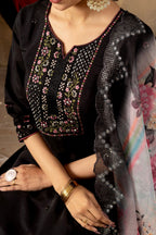 Vedant Vastram Roman Silk Embroidery & Sequence Work Stitched Kurta Pant Dupatta Set-Black | Grocsy
