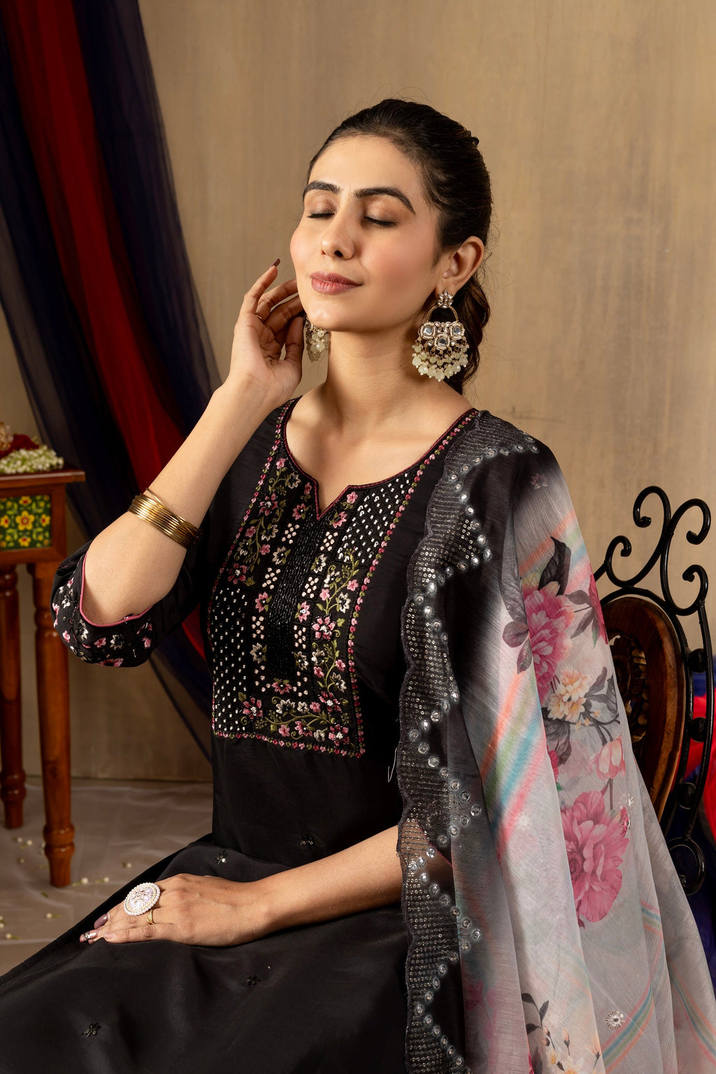 Vedant Vastram Roman Silk Embroidery & Sequence Work Stitched Kurta Pant Dupatta Set-Black | Grocsy