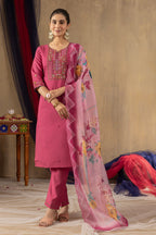 Vedant Vastram Roman Silk Embroidery & Sequence Work Stitched Kurta Pant Dupatta Set-Pink | Grocsy