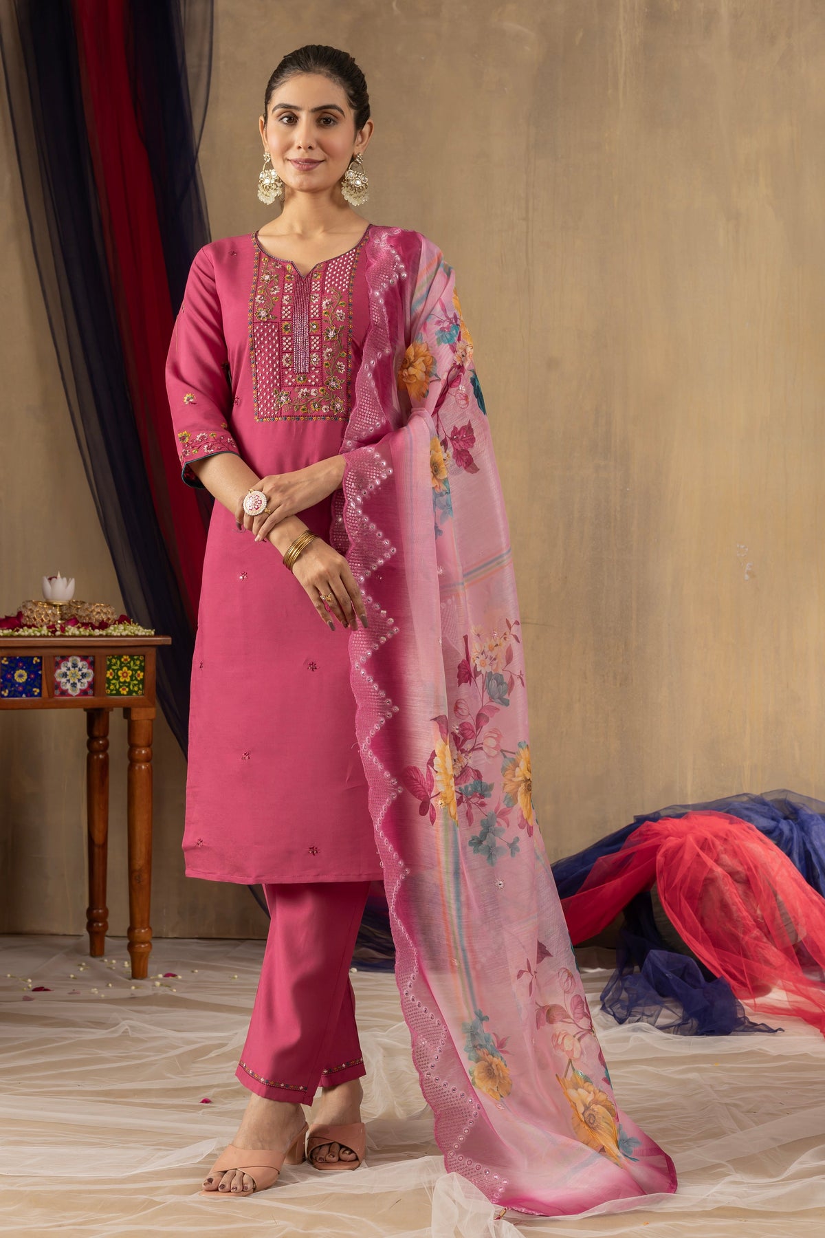 Vedant Vastram Roman Silk Embroidery & Sequence Work Stitched Kurta Pant Dupatta Set-Pink | Grocsy