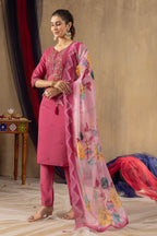 Vedant Vastram Roman Silk Embroidery & Sequence Work Stitched Kurta Pant Dupatta Set-Pink | Grocsy