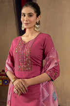 Vedant Vastram Roman Silk Embroidery & Sequence Work Stitched Kurta Pant Dupatta Set-Pink | Grocsy