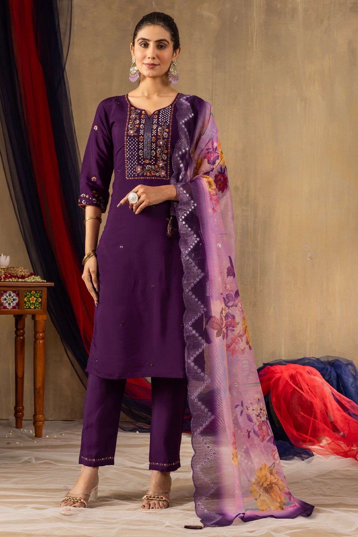 Vedant Vastram Roman Silk Embroidery & Sequence Work Stitched Kurta Pant Dupatta Set-Purple | Grocsy