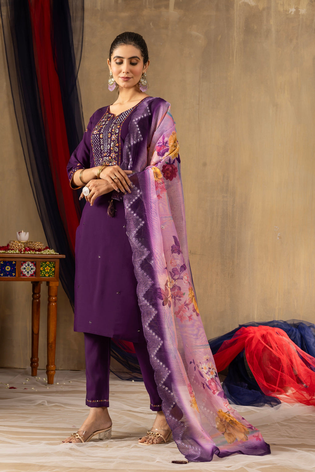 Vedant Vastram Roman Silk Embroidery & Sequence Work Stitched Kurta Pant Dupatta Set-Purple | Grocsy