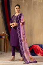 Vedant Vastram Roman Silk Embroidery & Sequence Work Stitched Kurta Pant Dupatta Set-Purple | Grocsy