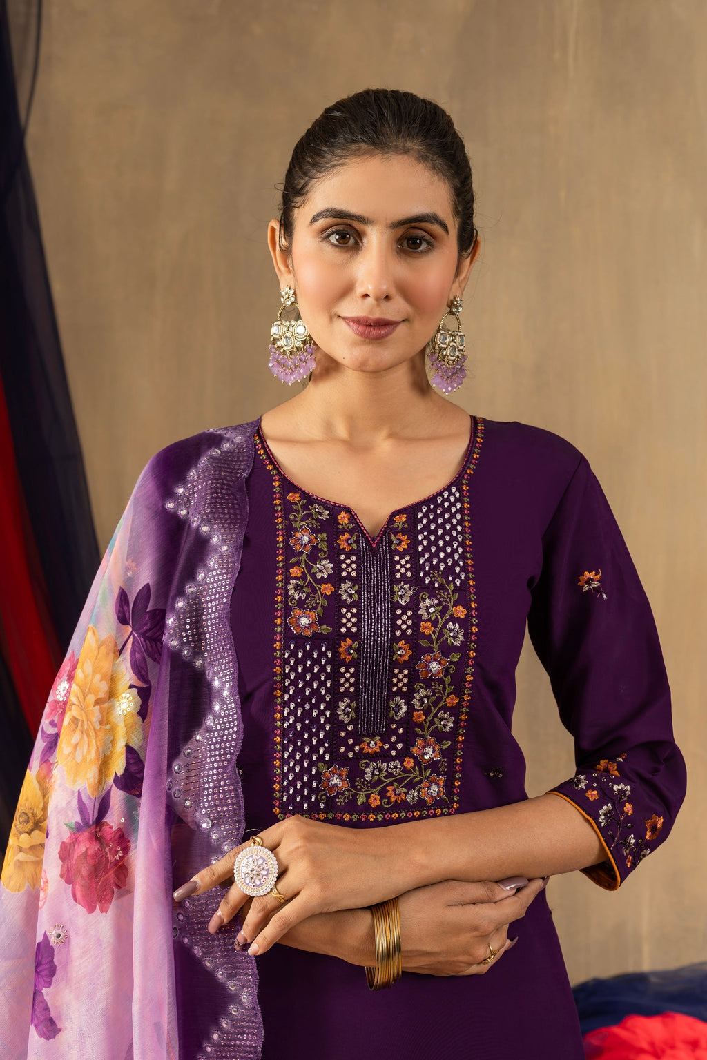Vedant Vastram Roman Silk Embroidery & Sequence Work Stitched Kurta Pant Dupatta Set-Purple | Grocsy
