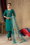 Vedant Vastram Roman Silk Embroidery & Sequence Work Stitched Kurta Pant Dupatta Set-Rama | Grocsy