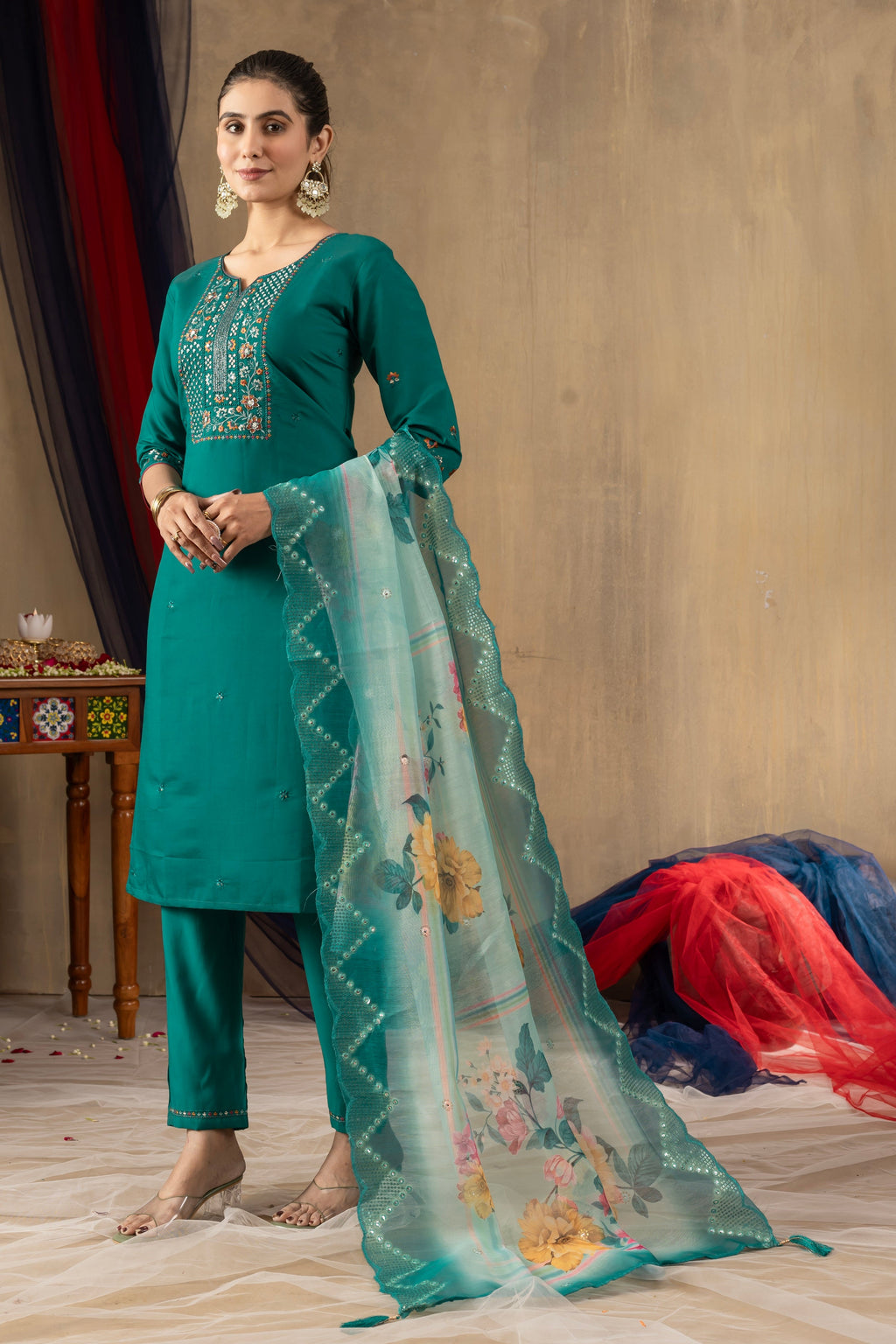 Vedant Vastram Roman Silk Embroidery & Sequence Work Stitched Kurta Pant Dupatta Set-Rama | Grocsy