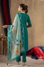 Vedant Vastram Roman Silk Embroidery & Sequence Work Stitched Kurta Pant Dupatta Set-Rama | Grocsy