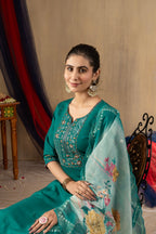 Vedant Vastram Roman Silk Embroidery & Sequence Work Stitched Kurta Pant Dupatta Set-Rama | Grocsy