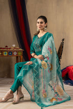 Vedant Vastram Roman Silk Embroidery & Sequence Work Stitched Kurta Pant Dupatta Set-Rama | Grocsy