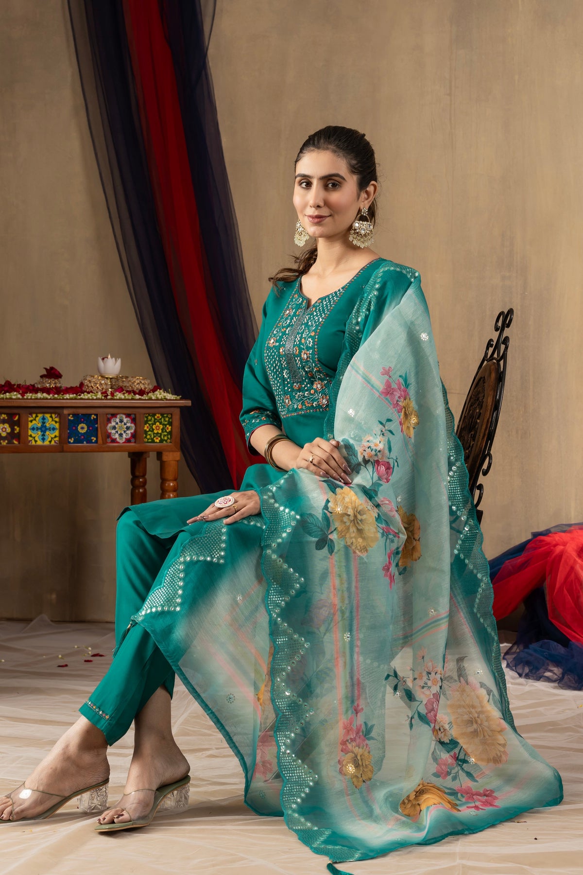 Vedant Vastram Roman Silk Embroidery & Sequence Work Stitched Kurta Pant Dupatta Set-Rama | Grocsy