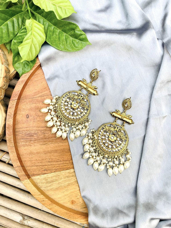 Tehzeeb Creations Traditional Gold-Polished White Kundan Pearl Drop Chandbali Earring For Women/Girls | Grocsy