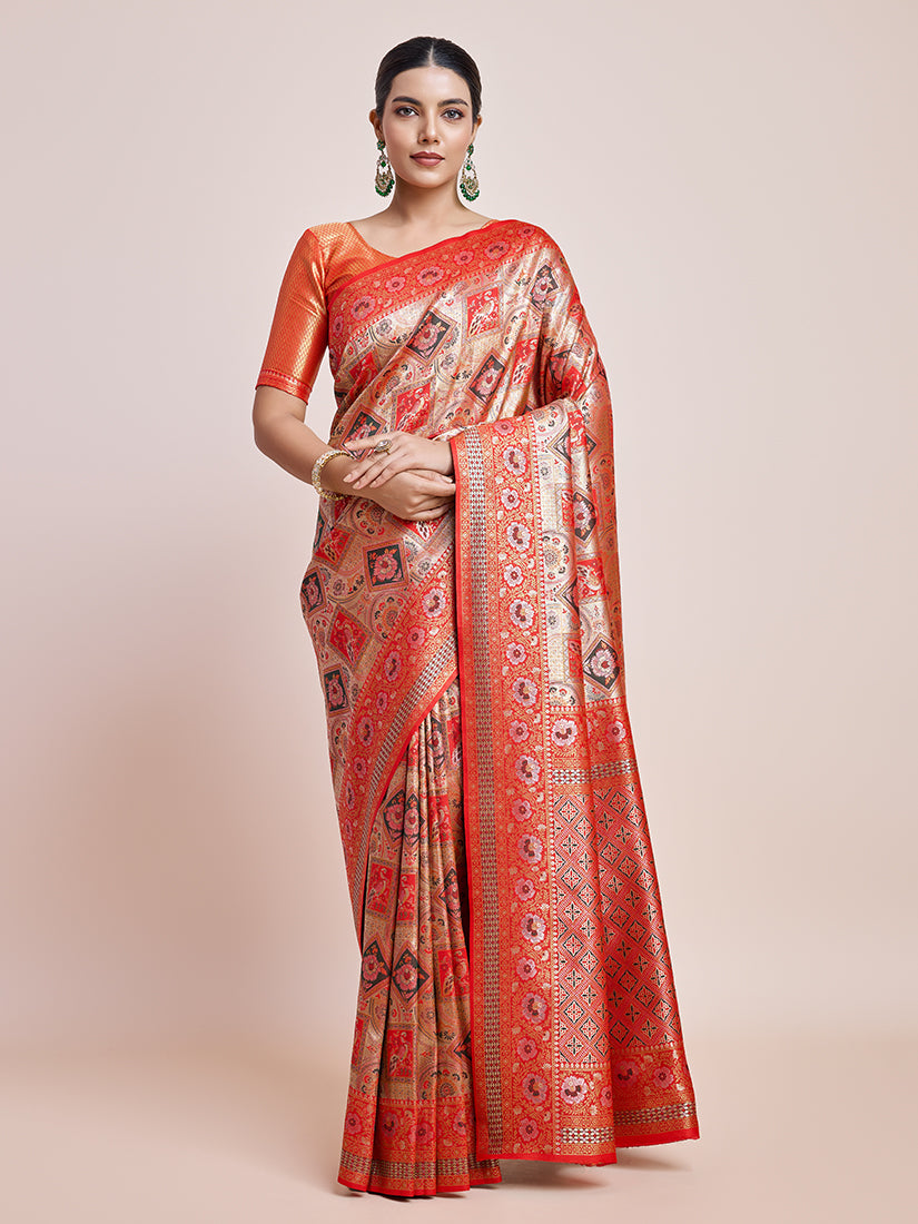 Monjolika Fashion Scarlet Red Latest Dharmavaram Silk SareeWith Rich Heritage Woven In Gold And Silver Zari Work | Grocsy