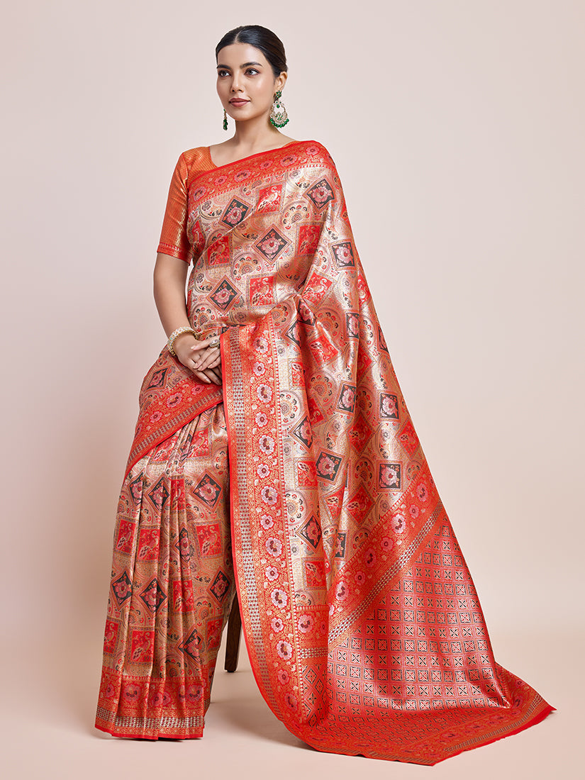 Monjolika Fashion Scarlet Red Latest Dharmavaram Silk SareeWith Rich Heritage Woven In Gold And Silver Zari Work | Grocsy